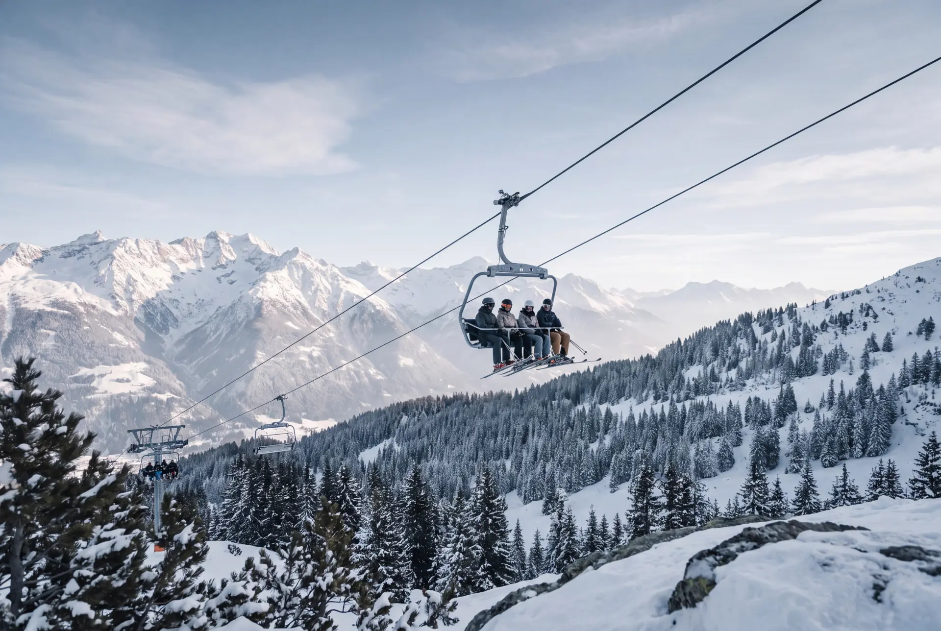 Skiers on a sunlit slope in the French Alps